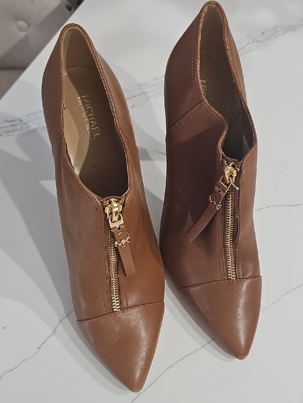 Michael Kors Cognac Leather Pointed Zip Ankle Booties